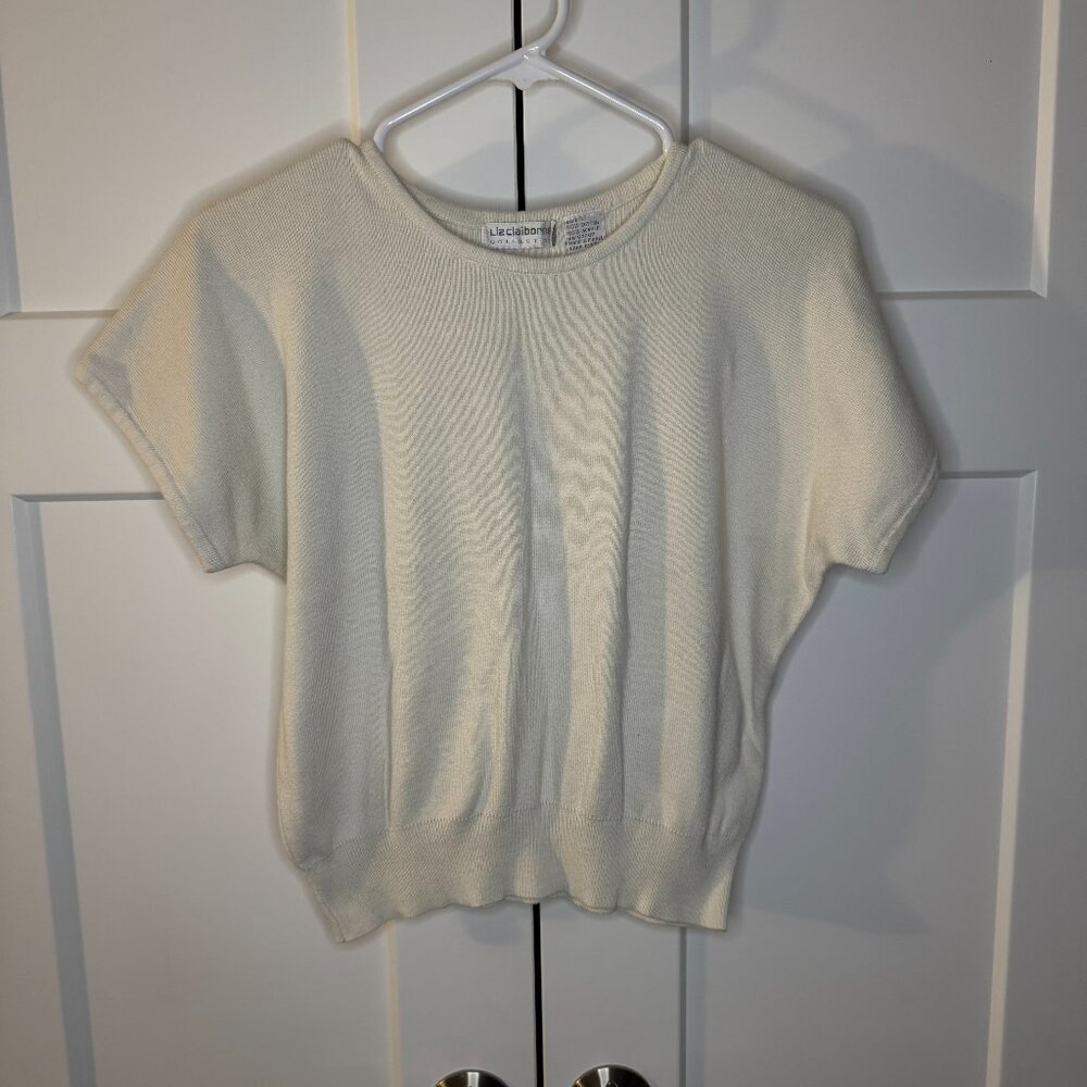 Liz Claiborne Beige Knit Cropped Elastic Waist Short Sleeve Shirt Women's Size L